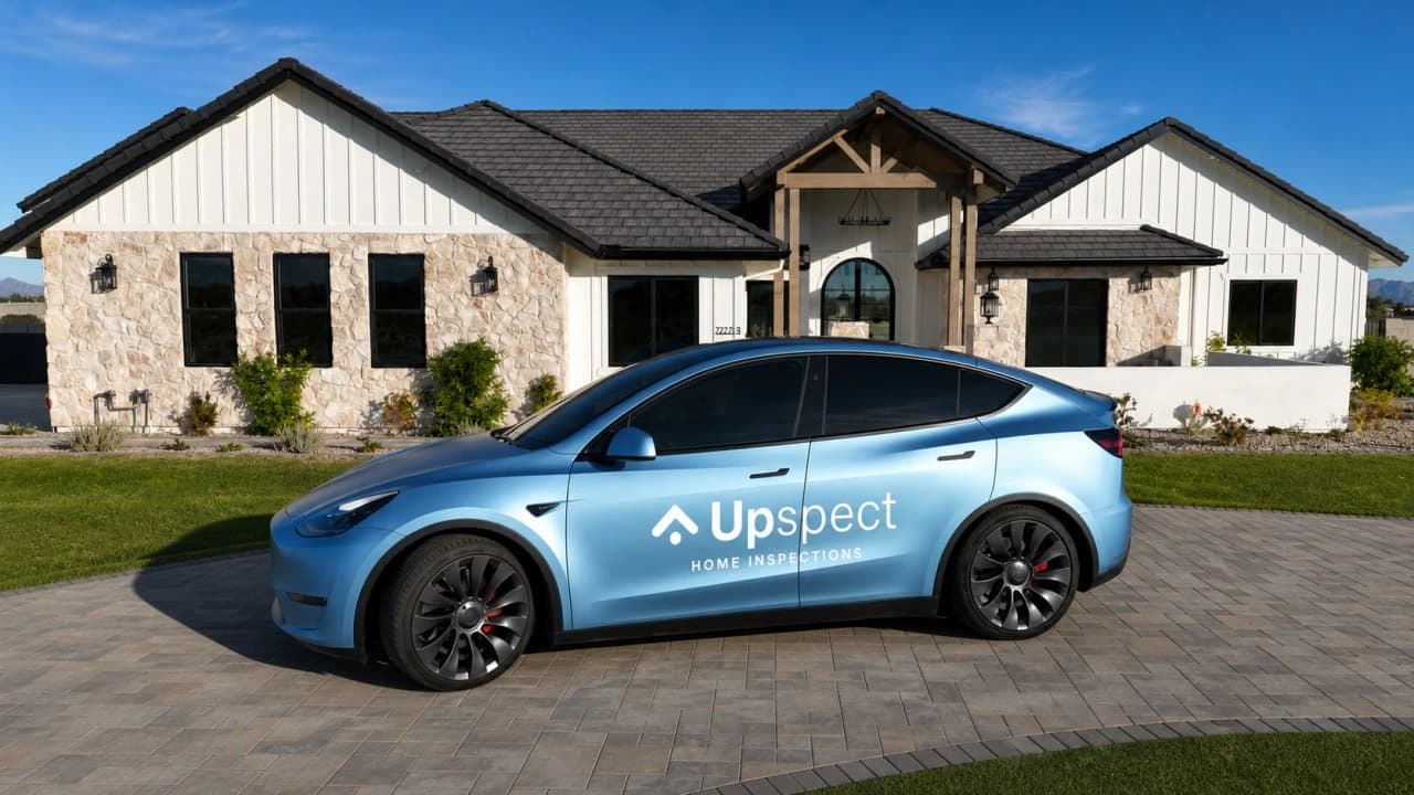 Upspect branded inspection vehicle parked in front of an Arizona home
